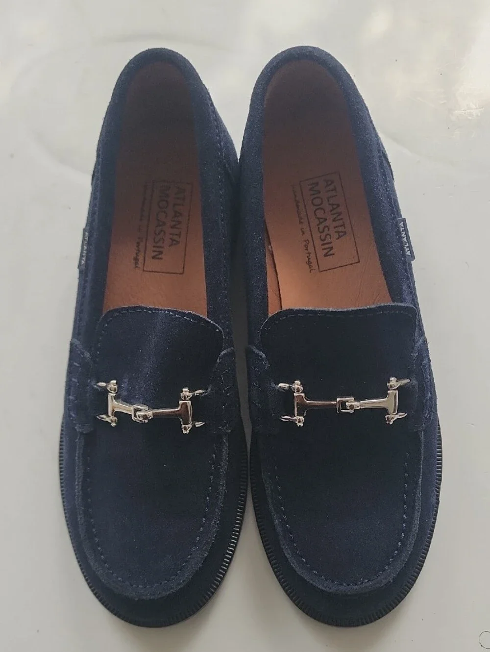 Navy Suede Horsebit Loafers. In Excellent Condition Like New